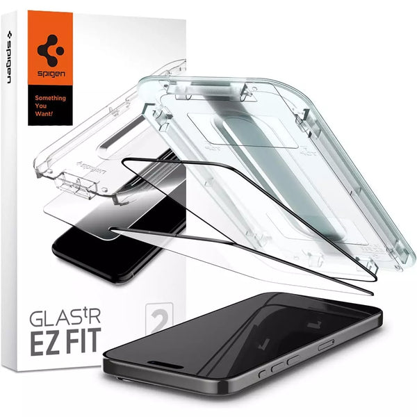 Spigen Apple iPhone 15 Pro GLAStR EZ Fit Screen Protector Case 2 PACK - Full Cover Black