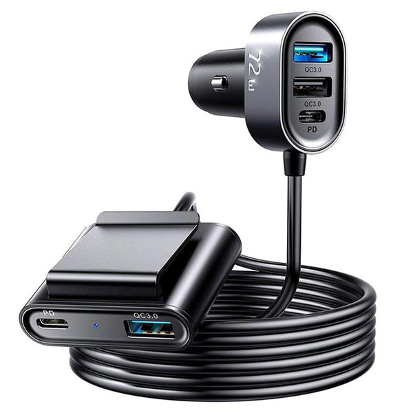 Joyroom JR-CL05 - 5 Multi-port QC3.0+PD Fast Car Charger Adapter 5ft cable for Front/Back Seat Charging