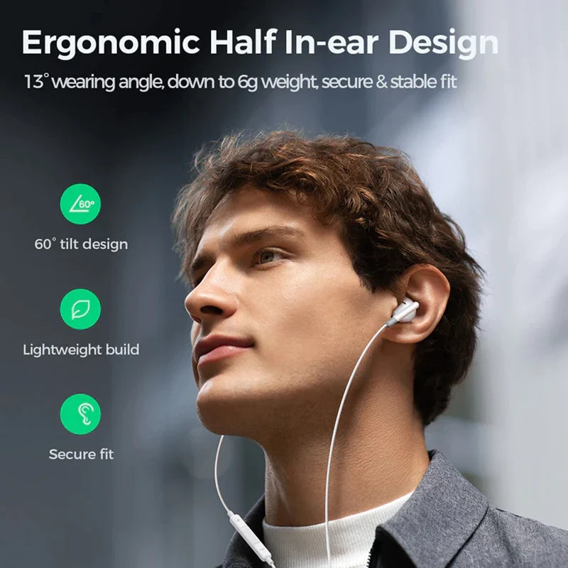 Joyroom JR-EW01 Wired Series Half In-Ear Wired Earphones-White